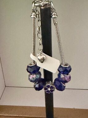 Silver Chain Bracelet with Purple Faceted Beads and Flower Charm